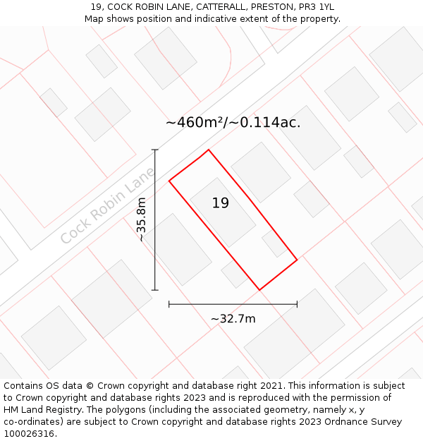 19, COCK ROBIN LANE, CATTERALL, PRESTON, PR3 1YL: Plot and title map