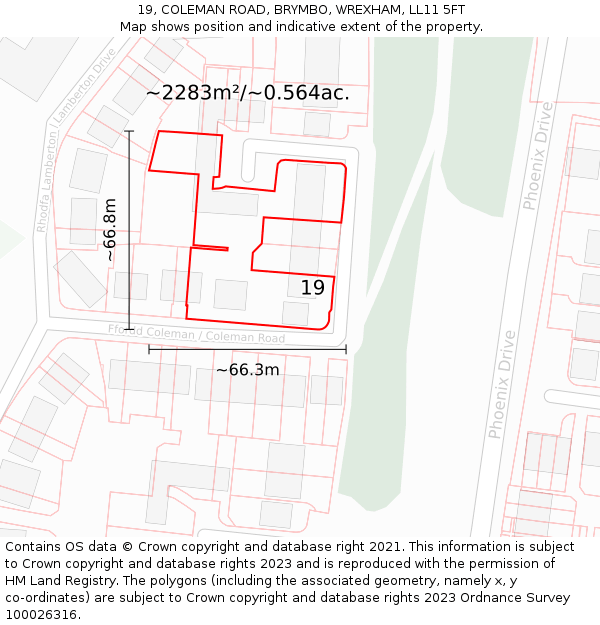 19, COLEMAN ROAD, BRYMBO, WREXHAM, LL11 5FT: Plot and title map