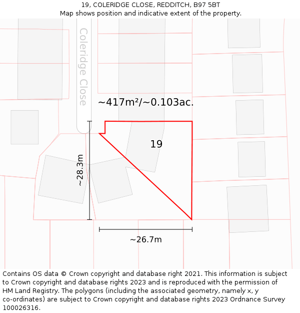 19, COLERIDGE CLOSE, REDDITCH, B97 5BT: Plot and title map