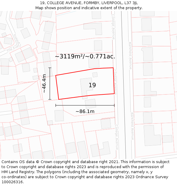 19, COLLEGE AVENUE, FORMBY, LIVERPOOL, L37 3JL: Plot and title map