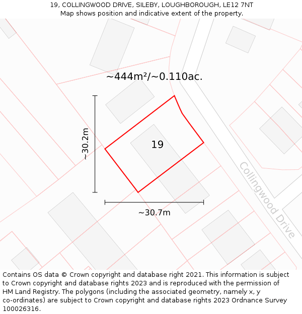 19, COLLINGWOOD DRIVE, SILEBY, LOUGHBOROUGH, LE12 7NT: Plot and title map