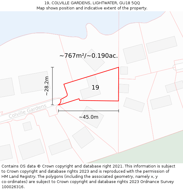 19, COLVILLE GARDENS, LIGHTWATER, GU18 5QQ: Plot and title map