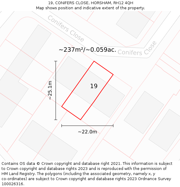 19, CONIFERS CLOSE, HORSHAM, RH12 4QH: Plot and title map
