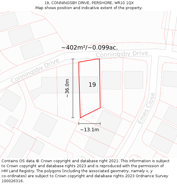 19, CONNINGSBY DRIVE, PERSHORE, WR10 1QX: Plot and title map