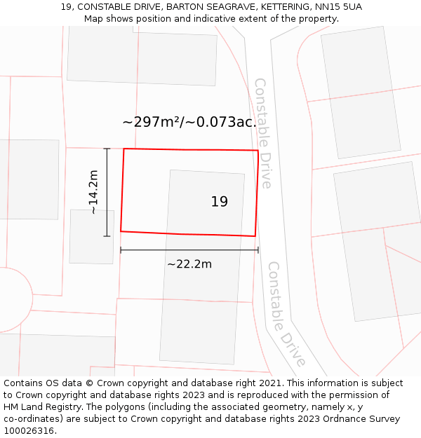 19, CONSTABLE DRIVE, BARTON SEAGRAVE, KETTERING, NN15 5UA: Plot and title map