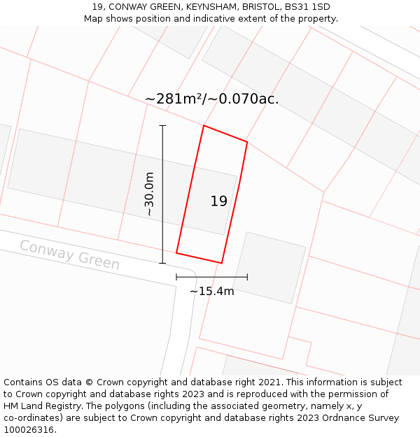 19, CONWAY GREEN, KEYNSHAM, BRISTOL, BS31 1SD: Plot and title map