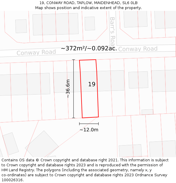 19, CONWAY ROAD, TAPLOW, MAIDENHEAD, SL6 0LB: Plot and title map