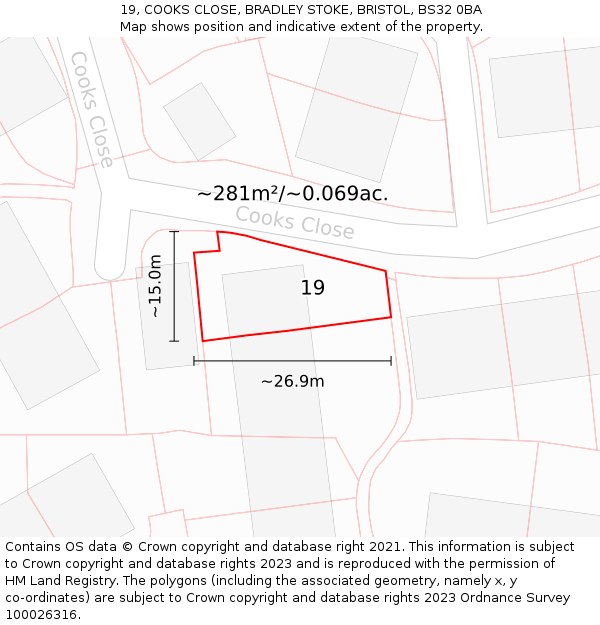 19, COOKS CLOSE, BRADLEY STOKE, BRISTOL, BS32 0BA: Plot and title map