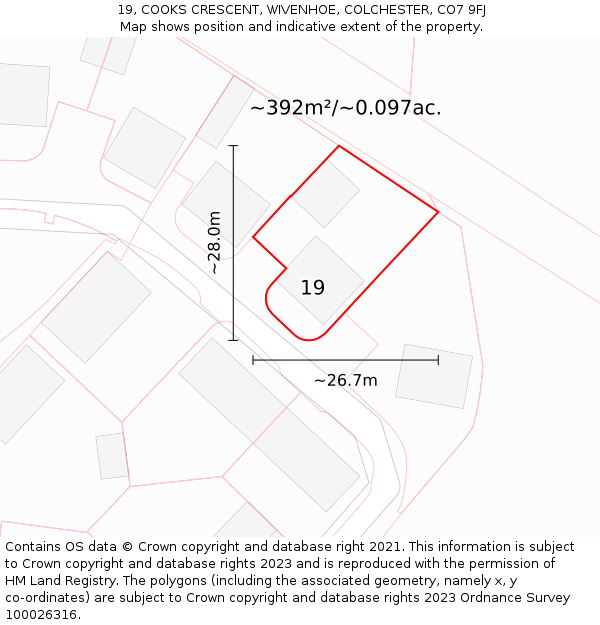 19, COOKS CRESCENT, WIVENHOE, COLCHESTER, CO7 9FJ: Plot and title map