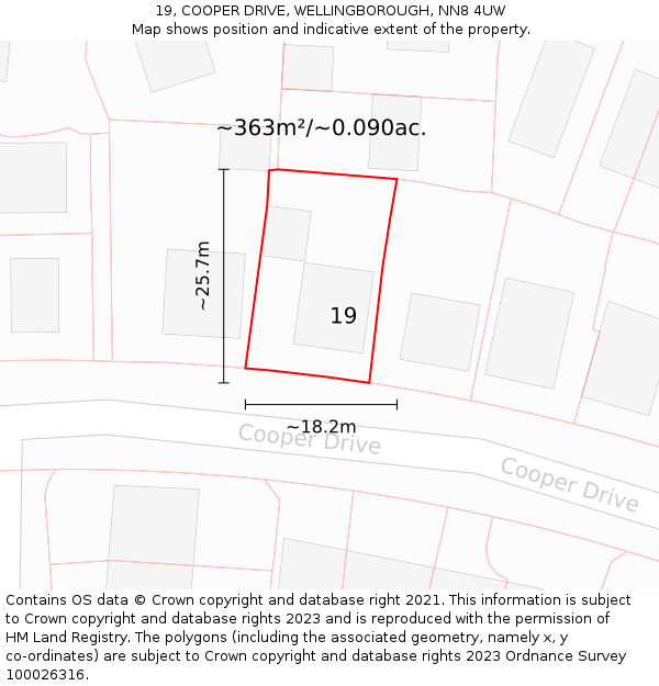 19, COOPER DRIVE, WELLINGBOROUGH, NN8 4UW: Plot and title map