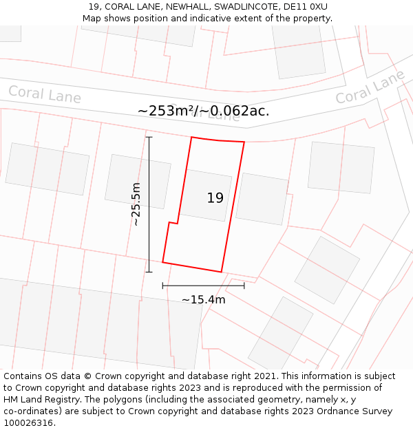 19, CORAL LANE, NEWHALL, SWADLINCOTE, DE11 0XU: Plot and title map