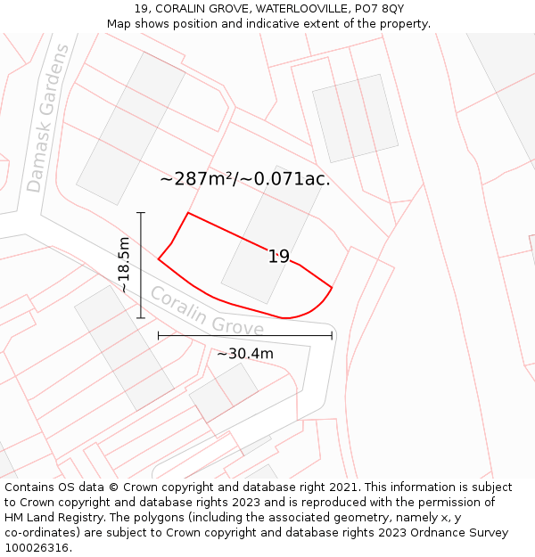 19, CORALIN GROVE, WATERLOOVILLE, PO7 8QY: Plot and title map