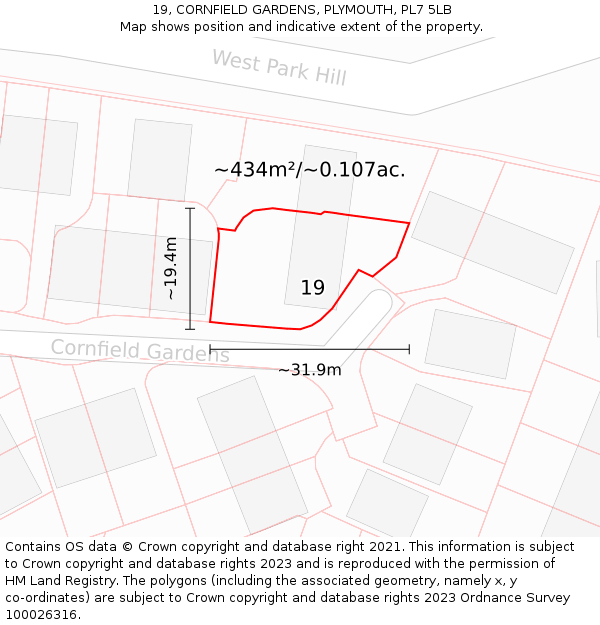 19, CORNFIELD GARDENS, PLYMOUTH, PL7 5LB: Plot and title map