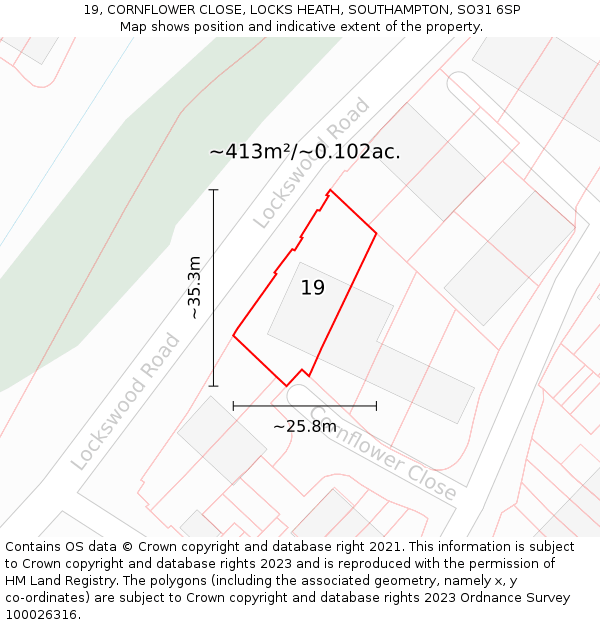 19, CORNFLOWER CLOSE, LOCKS HEATH, SOUTHAMPTON, SO31 6SP: Plot and title map