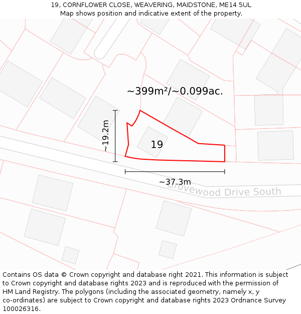 19, CORNFLOWER CLOSE, WEAVERING, MAIDSTONE, ME14 5UL: Plot and title map
