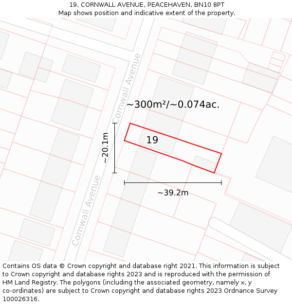 19, CORNWALL AVENUE, PEACEHAVEN, BN10 8PT: Plot and title map