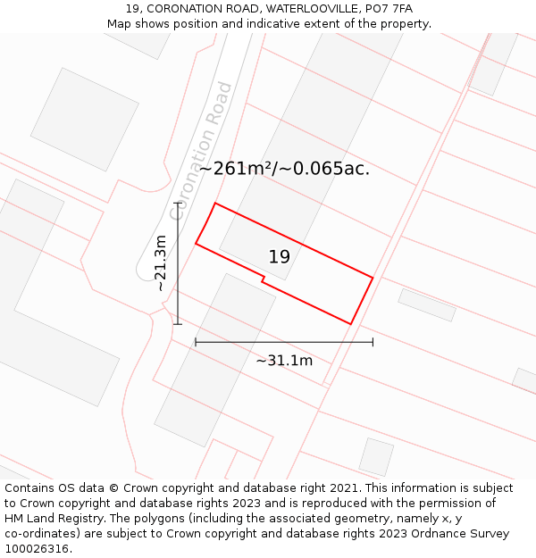 19, CORONATION ROAD, WATERLOOVILLE, PO7 7FA: Plot and title map
