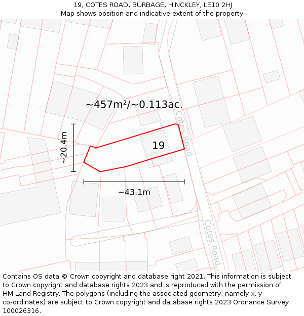 19, COTES ROAD, BURBAGE, HINCKLEY, LE10 2HJ: Plot and title map