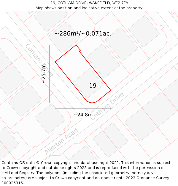 19, COTHAM DRIVE, WAKEFIELD, WF2 7FA: Plot and title map