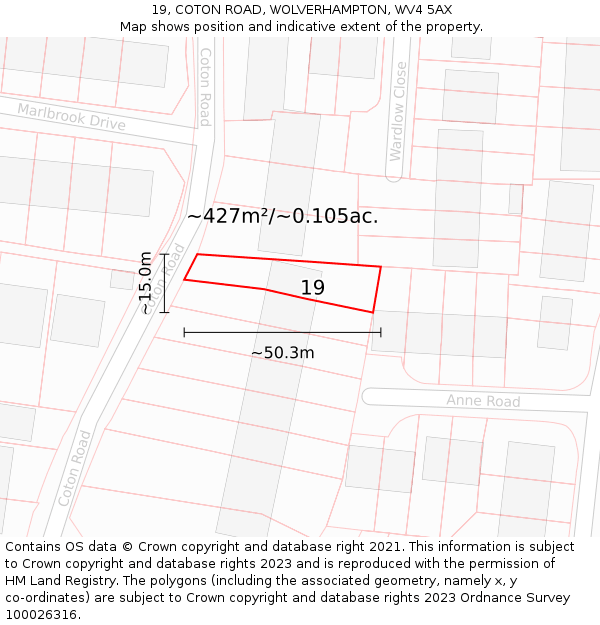 19, COTON ROAD, WOLVERHAMPTON, WV4 5AX: Plot and title map