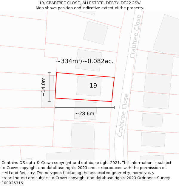 19, CRABTREE CLOSE, ALLESTREE, DERBY, DE22 2SW: Plot and title map