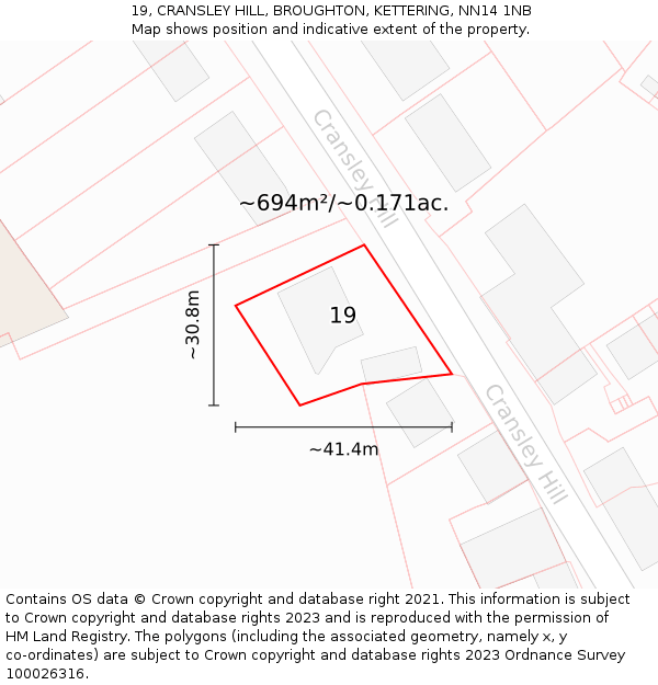 19, CRANSLEY HILL, BROUGHTON, KETTERING, NN14 1NB: Plot and title map