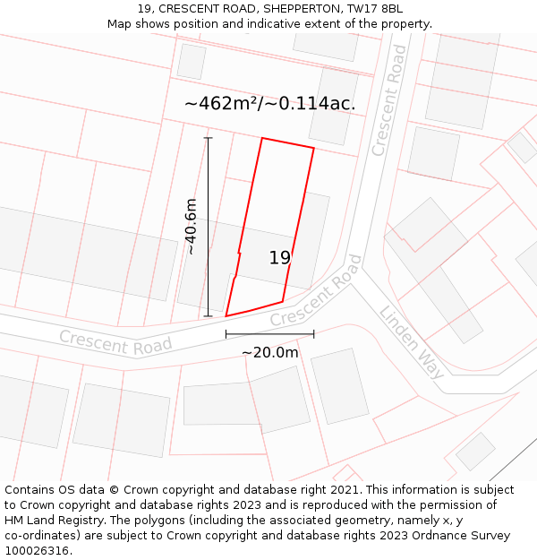 19, CRESCENT ROAD, SHEPPERTON, TW17 8BL: Plot and title map