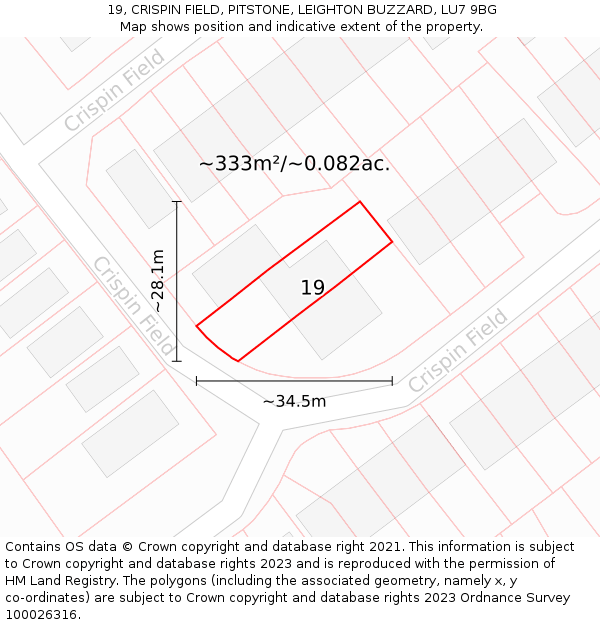 19, CRISPIN FIELD, PITSTONE, LEIGHTON BUZZARD, LU7 9BG: Plot and title map