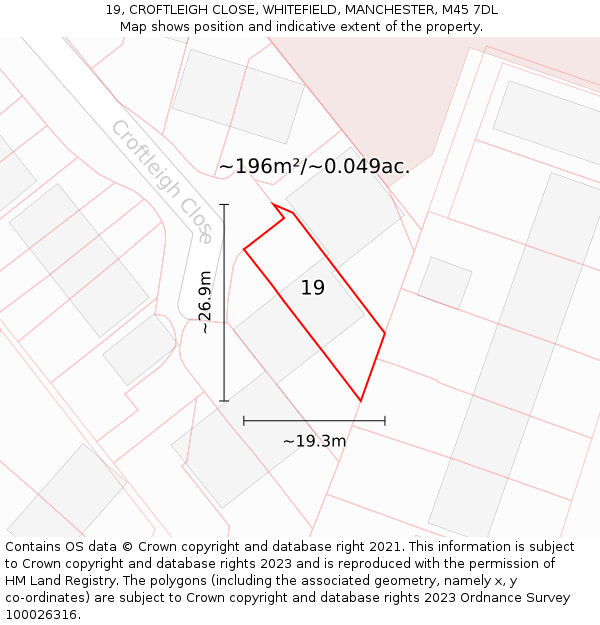 19, CROFTLEIGH CLOSE, WHITEFIELD, MANCHESTER, M45 7DL: Plot and title map