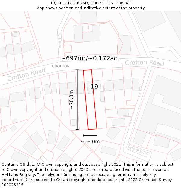 19, CROFTON ROAD, ORPINGTON, BR6 8AE: Plot and title map