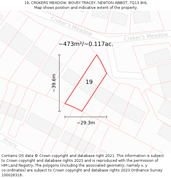 19, CROKERS MEADOW, BOVEY TRACEY, NEWTON ABBOT, TQ13 9HL: Plot and title map