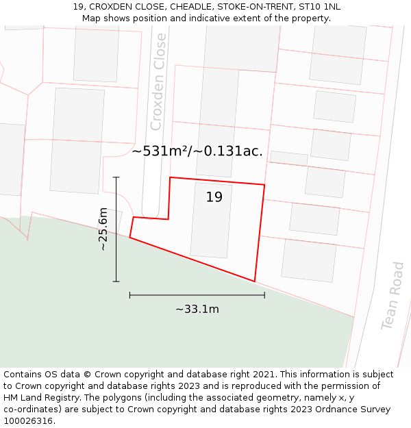 19, CROXDEN CLOSE, CHEADLE, STOKE-ON-TRENT, ST10 1NL: Plot and title map