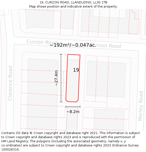 19, CURZON ROAD, LLANDUDNO, LL30 1TB: Plot and title map