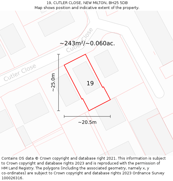 19, CUTLER CLOSE, NEW MILTON, BH25 5DB: Plot and title map