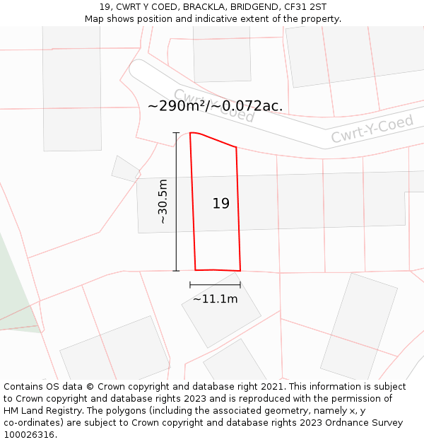 19, CWRT Y COED, BRACKLA, BRIDGEND, CF31 2ST: Plot and title map