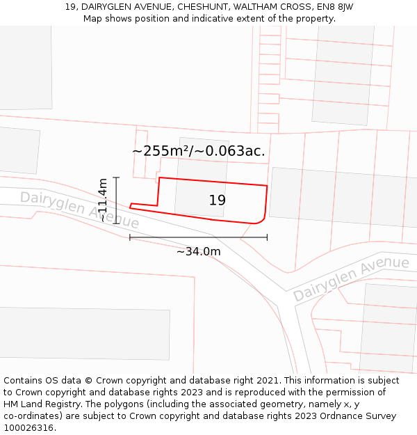 19, DAIRYGLEN AVENUE, CHESHUNT, WALTHAM CROSS, EN8 8JW: Plot and title map