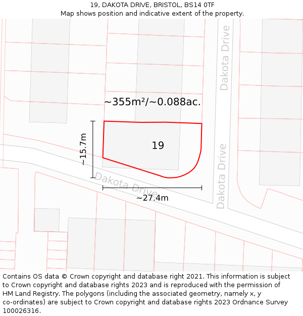 19, DAKOTA DRIVE, BRISTOL, BS14 0TF: Plot and title map