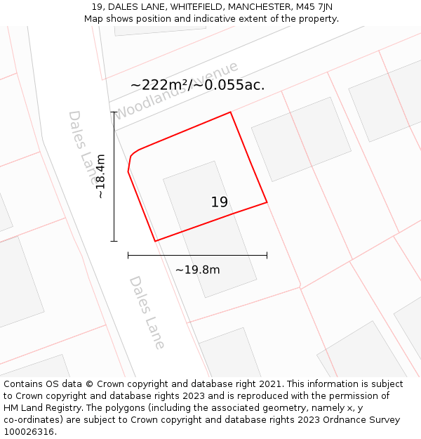 19, DALES LANE, WHITEFIELD, MANCHESTER, M45 7JN: Plot and title map