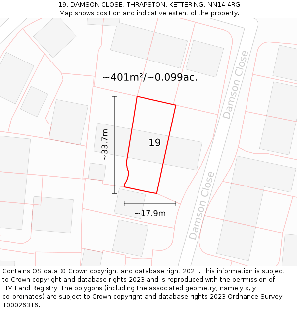 19, DAMSON CLOSE, THRAPSTON, KETTERING, NN14 4RG: Plot and title map