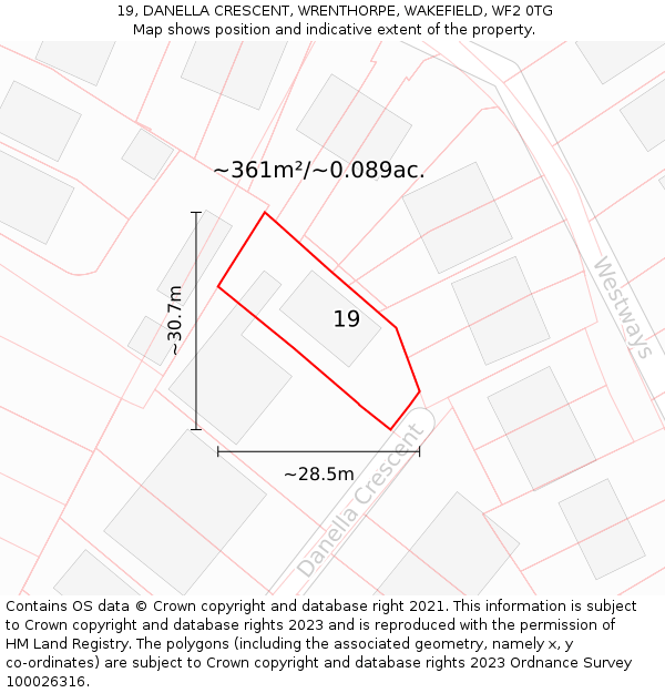 19, DANELLA CRESCENT, WRENTHORPE, WAKEFIELD, WF2 0TG: Plot and title map