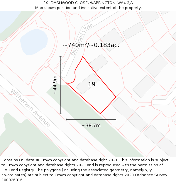 19, DASHWOOD CLOSE, WARRINGTON, WA4 3JA: Plot and title map