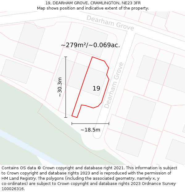 19, DEARHAM GROVE, CRAMLINGTON, NE23 3FR: Plot and title map