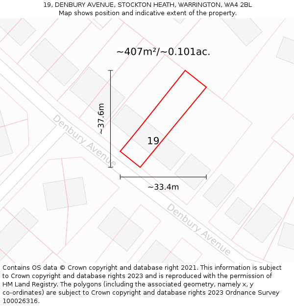 19, DENBURY AVENUE, STOCKTON HEATH, WARRINGTON, WA4 2BL: Plot and title map