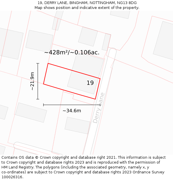 19, DERRY LANE, BINGHAM, NOTTINGHAM, NG13 8DG: Plot and title map