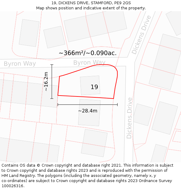 19, DICKENS DRIVE, STAMFORD, PE9 2GS: Plot and title map