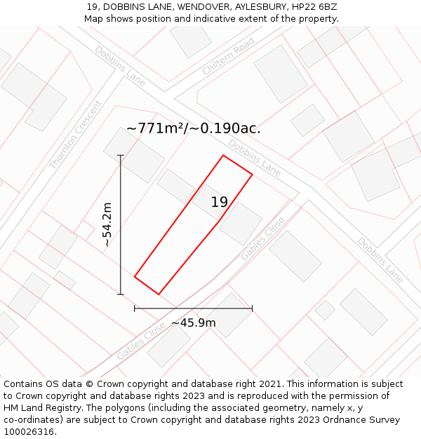 19, DOBBINS LANE, WENDOVER, AYLESBURY, HP22 6BZ: Plot and title map