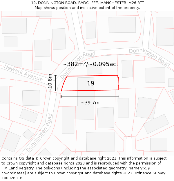 19, DONNINGTON ROAD, RADCLIFFE, MANCHESTER, M26 3TT: Plot and title map