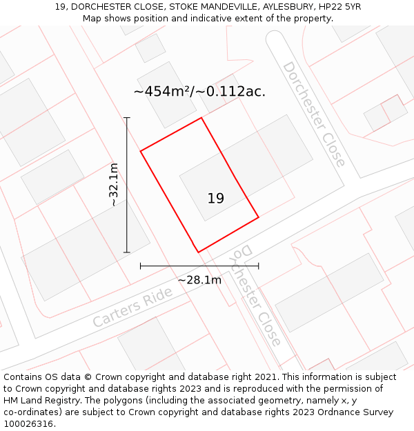 19, DORCHESTER CLOSE, STOKE MANDEVILLE, AYLESBURY, HP22 5YR: Plot and title map