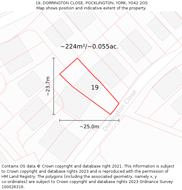 19, DORRINGTON CLOSE, POCKLINGTON, YORK, YO42 2GS: Plot and title map