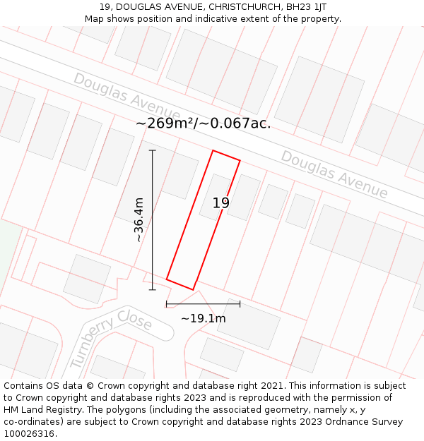 19, DOUGLAS AVENUE, CHRISTCHURCH, BH23 1JT: Plot and title map